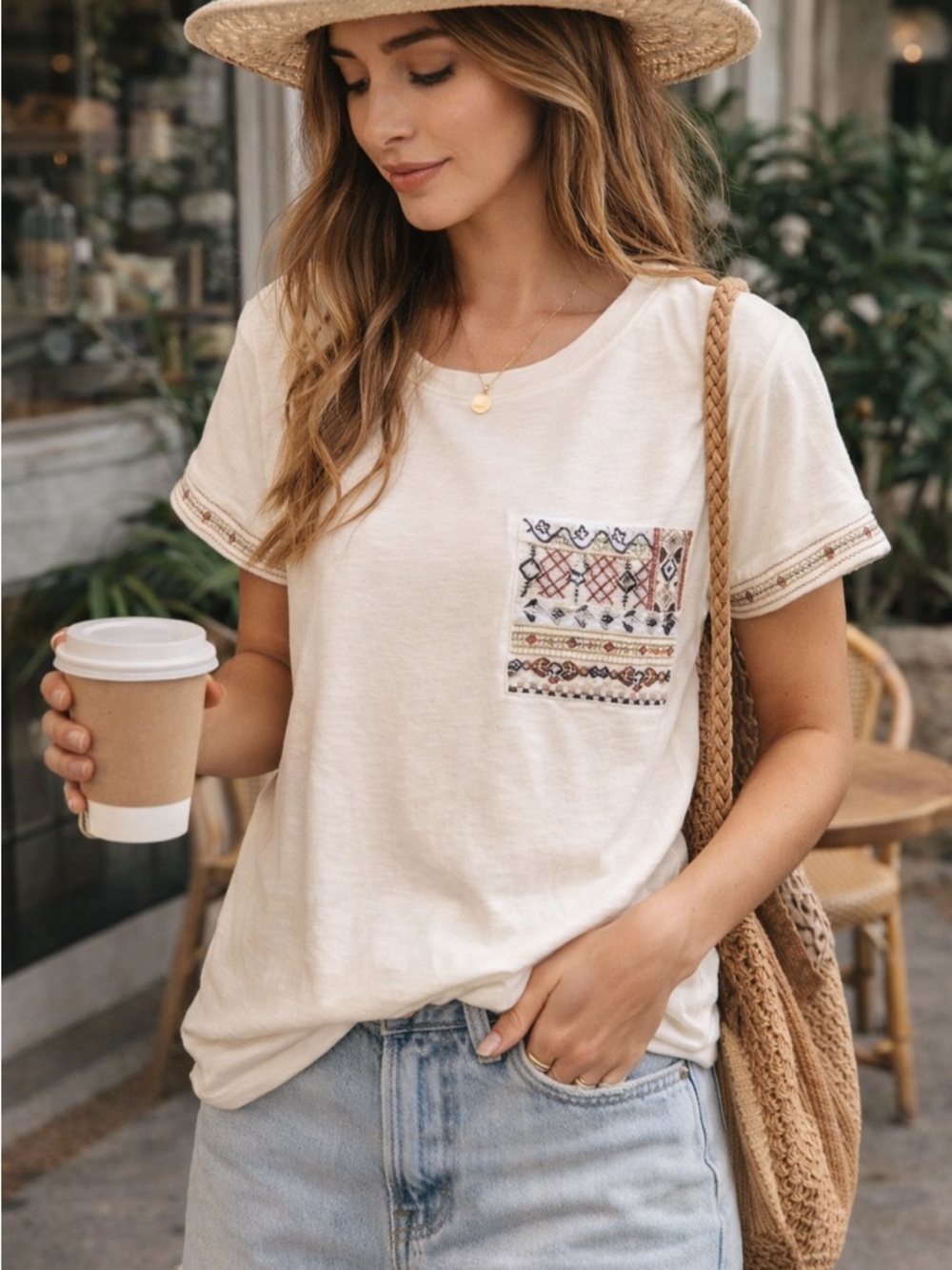 Coldwater Creek Embroidered Pocket Tee Cream Boho Coastal Cottage XS